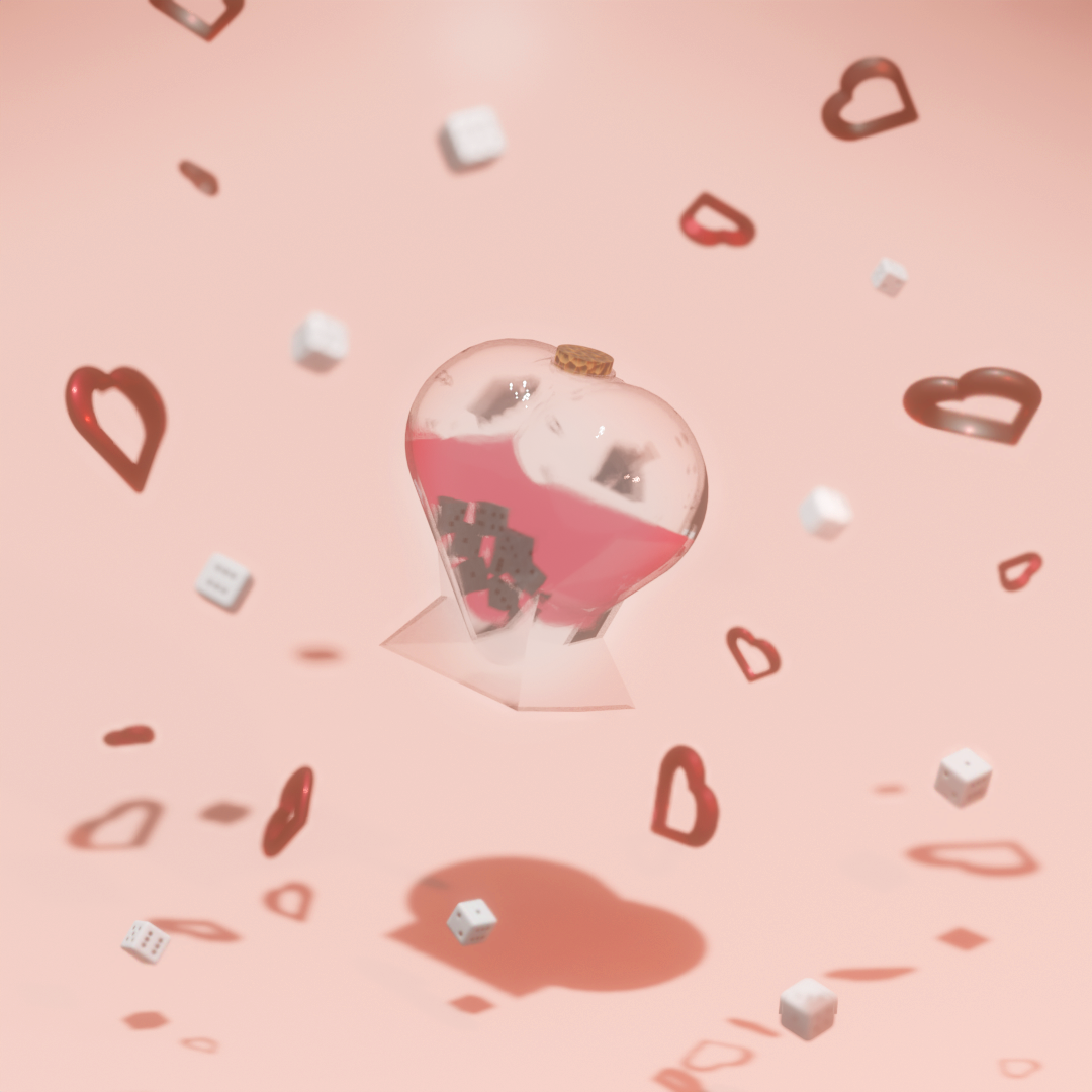 3D rendering of a glass heart with dice